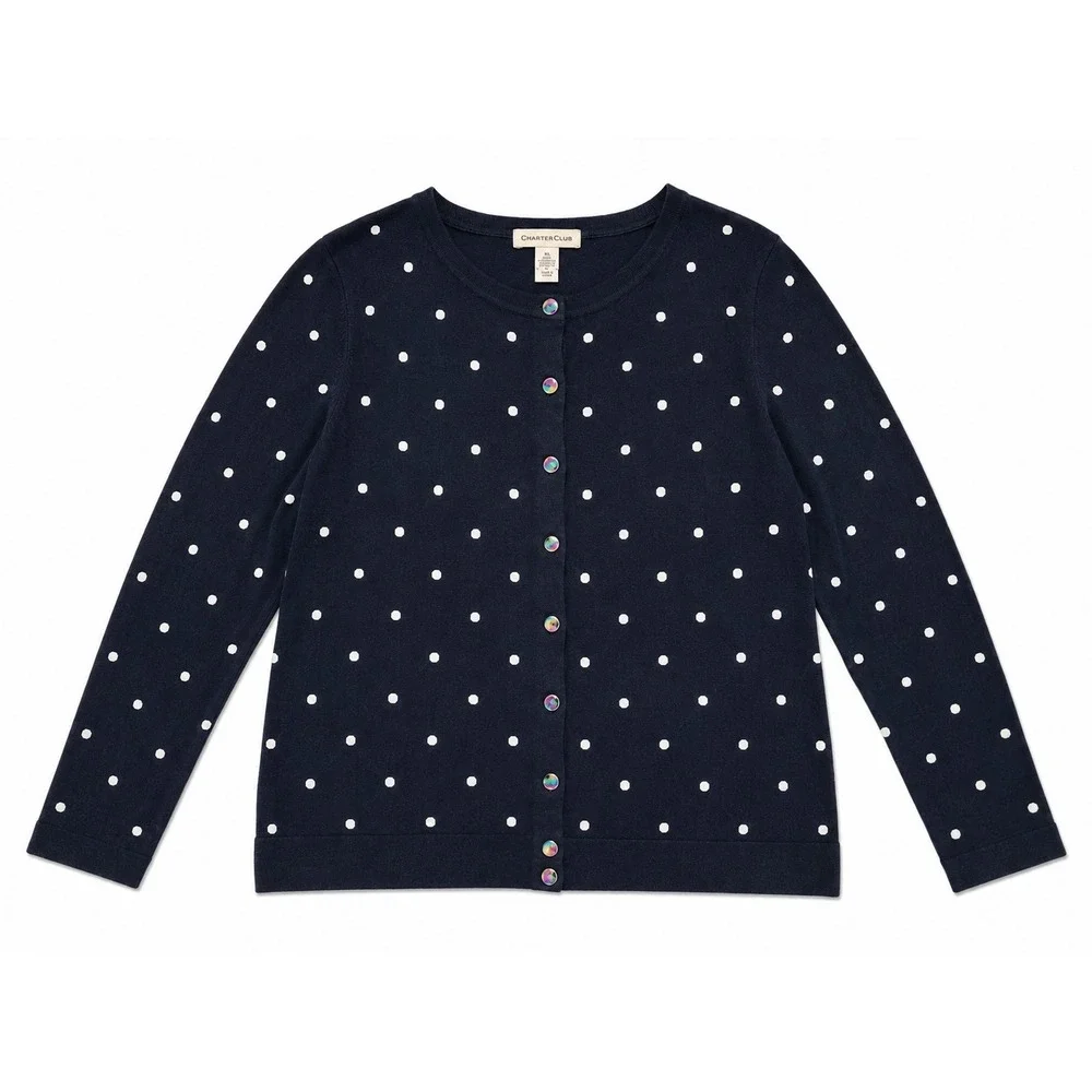 Charter‎ Club Womens XL Navy Blue Black Polka Dot Button Front Cardigan Sweater